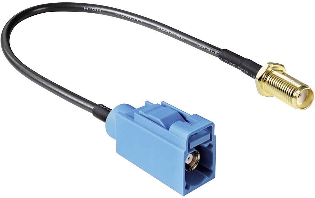 Adaptateur de câble Fakra vers SMA, avec embout femelle Fakra bleu et embout femelle SMA doré, pour la connectivité d'antenne.