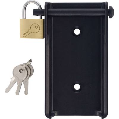 Charnière de porte en métal noir avec cadenas et clés ; symbolise la sécurité et le contrôle d'accès.