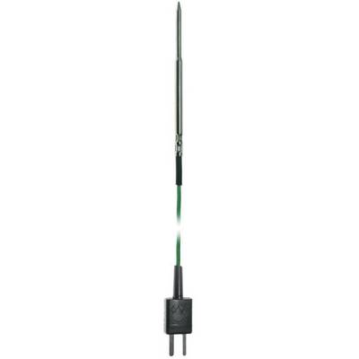 Un capteur de température vert avec une tige de sonde longue et étroite et un connecteur noir à son extrémité.