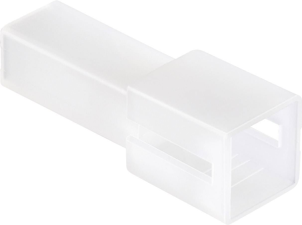 Un adaptateur en plastique blanc, rectangulaire, avec une extrémité ouverte, utilisé pour connecter des câbles ou des appareils.