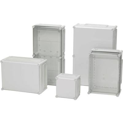 Cinq boîtiers en plastique gris rectangulaires de différentes tailles. Ils sont droits et partiellement transparents.