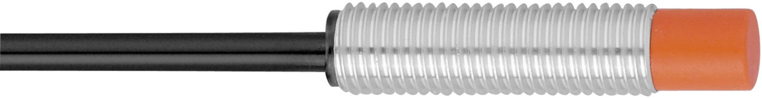 Capteur de proximité cylindrique avec boîtier métallique et pointe orange, relié par deux câbles noirs sur le côté gauche.