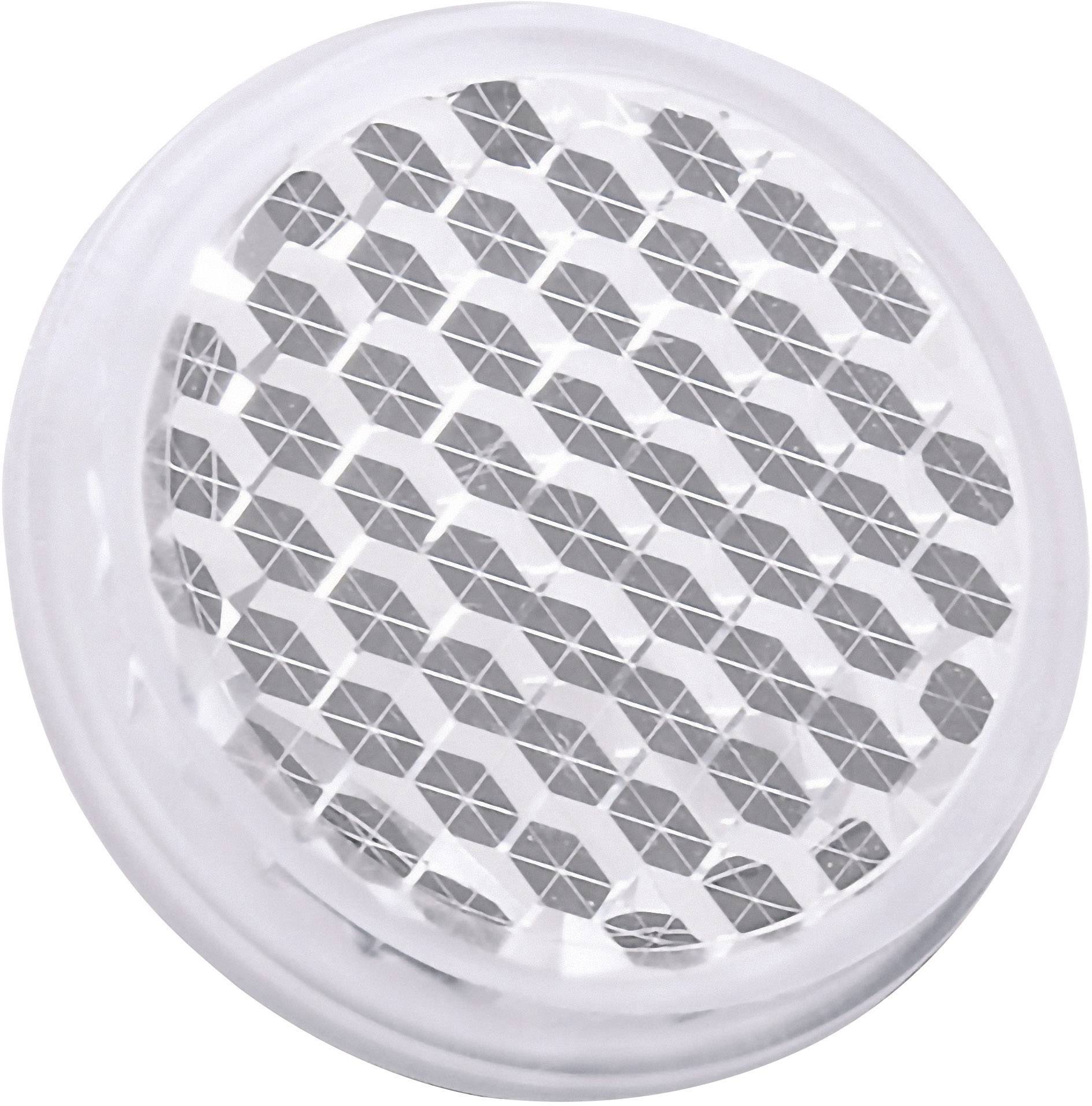 Objet rond blanc avec un couvercle transparent, rempli d'un matériau réfléchissant disposé de manière hexagonale.