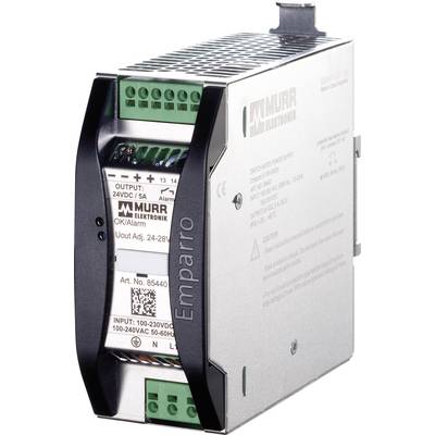 Un bloc d'alimentation de la marque Murrelektronik avec un bornier vert, adapté aux applications industrielles, présente des caractéristiques techniques spécifiques.