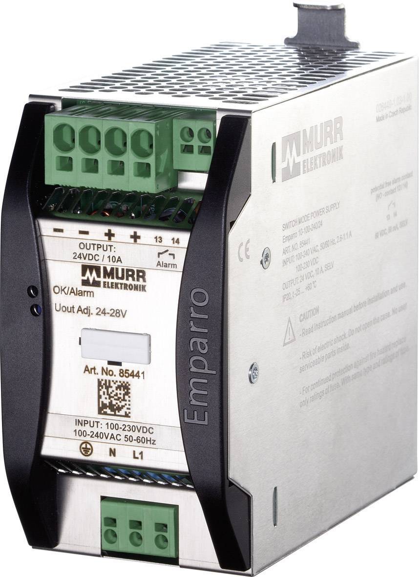 L'image montre un bloc d'alimentation Emparro de Murrelektronik, 24 VDC et 10 A. Boîtier gris avec bloc de connexion vert et couvercle noir.