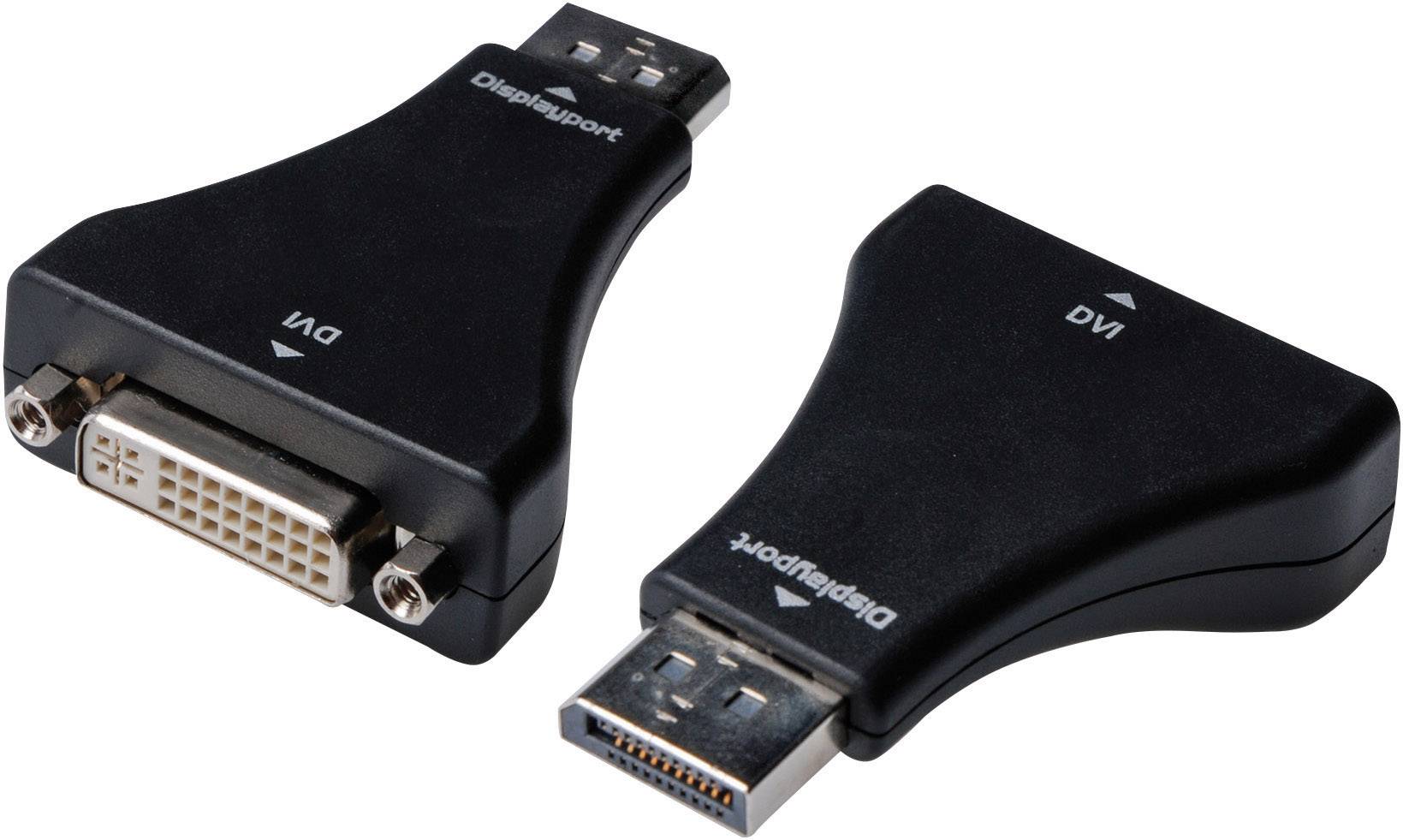 Adaptateurs pour connecter une sortie DVI à un port DisplayPort. Deux adaptateurs noirs, l'un montrant la connexion DVI, l'autre le port DisplayPort.