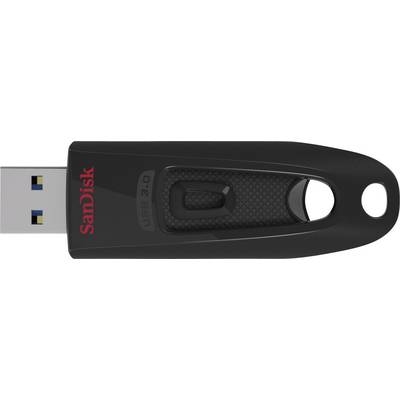 Clé USB SanDisk noire avec port USB 3.0, logo de marque en rouge mis en évidence sur la surface supérieure.