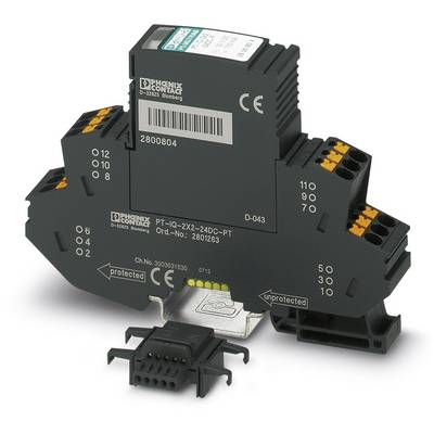 Un dispositif de protection électrique noir avec des bornes oranges et du texte blanc. Marqué 'Phoenix Contact'.