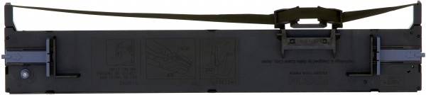 Ruban encreur noir avec boîtier en plastique. Contient des instructions et des symboles pour une installation correcte.