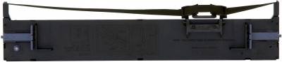 Cassette de ruban encreur noir avec attache métallique, adaptée aux imprimantes à aiguilles. Équipée de supports latéraux pour un montage dans l'imprimante.