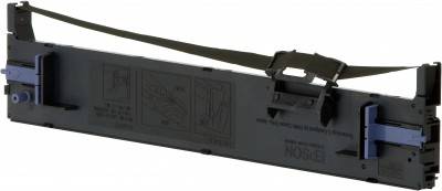 Une bande d'encre noire pour imprimante à matrice de points, avec des supports bleus sur les côtés et des instructions d'installation sur la face avant.