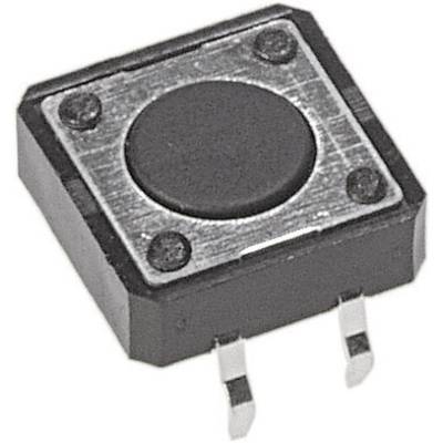 Un bouton-poussoir carré avec touche noire et deux bornes métalliques en bas, adapté pour les circuits électroniques.