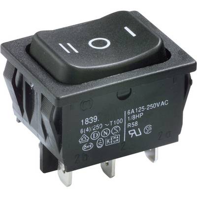 Interrupteur à bascule avec symboles 'I' pour Marche et 'O' pour Arrêt. Adapté pour 6A 125-250VAC. Contient divers symboles de certification.