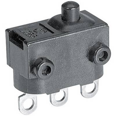 Microrupteur avec boîtier noir, trois bornes métalliques en bas et un bouton-poussoir en haut.