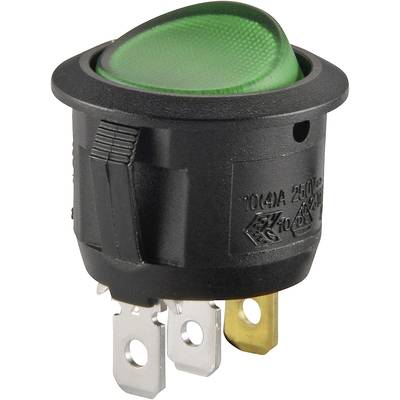 Interrupteur à bascule vert rond avec trois bornes métalliques, adapté aux appareils électriques.