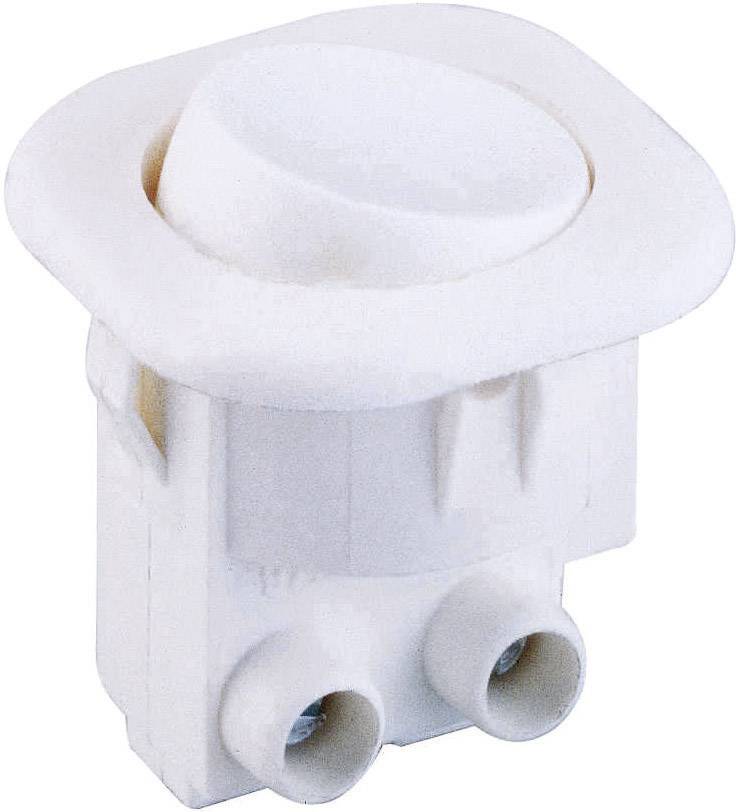 Interrupteur à bascule blanc avec base rectangulaire et deux ouvertures de raccordement sur la façade, adapté aux appareils électriques.