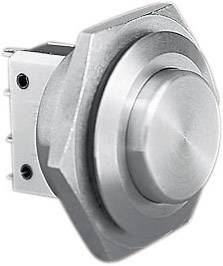 Interrupteur métallique argenté, rond, avec base hexagonale et deux broches de connexion. Principalement utilisé dans les appareils électroniques.