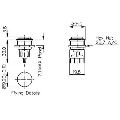 Dessin technique d'un interrupteur avec dimensions : hauteur totale 30 mm, diamètre 21,5 mm, mesure de filetage 25,7 mm. Détails de fixation ci-dessous.