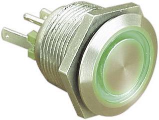 Un bouton-poussoir rond vert à LED, avec un filetage métallique et deux connexions, destiné à être intégré dans des dispositifs électroniques.
