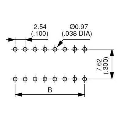 Dessin technique d'un connecteur avec les dimensions suivantes : écart entre les contacts 2,54 mm, diamètre 0,97 mm, largeur totale 7,62 mm.