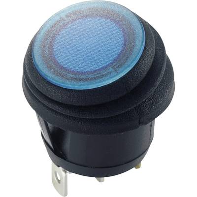 Un interrupteur à bascule rond, éclairé, avec une lumière bleue et des contacts métalliques à sa base, conçu pour le contrôle électrique.