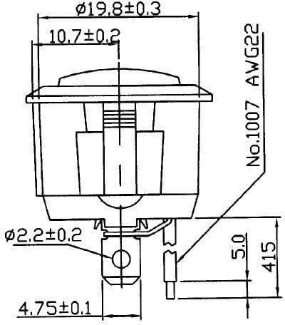 Dessin technique d'un interrupteur électrique avec dimensions en millimètres. Indique la taille de fil 'No.1007 AWG22', et différentes valeurs de tolérance.