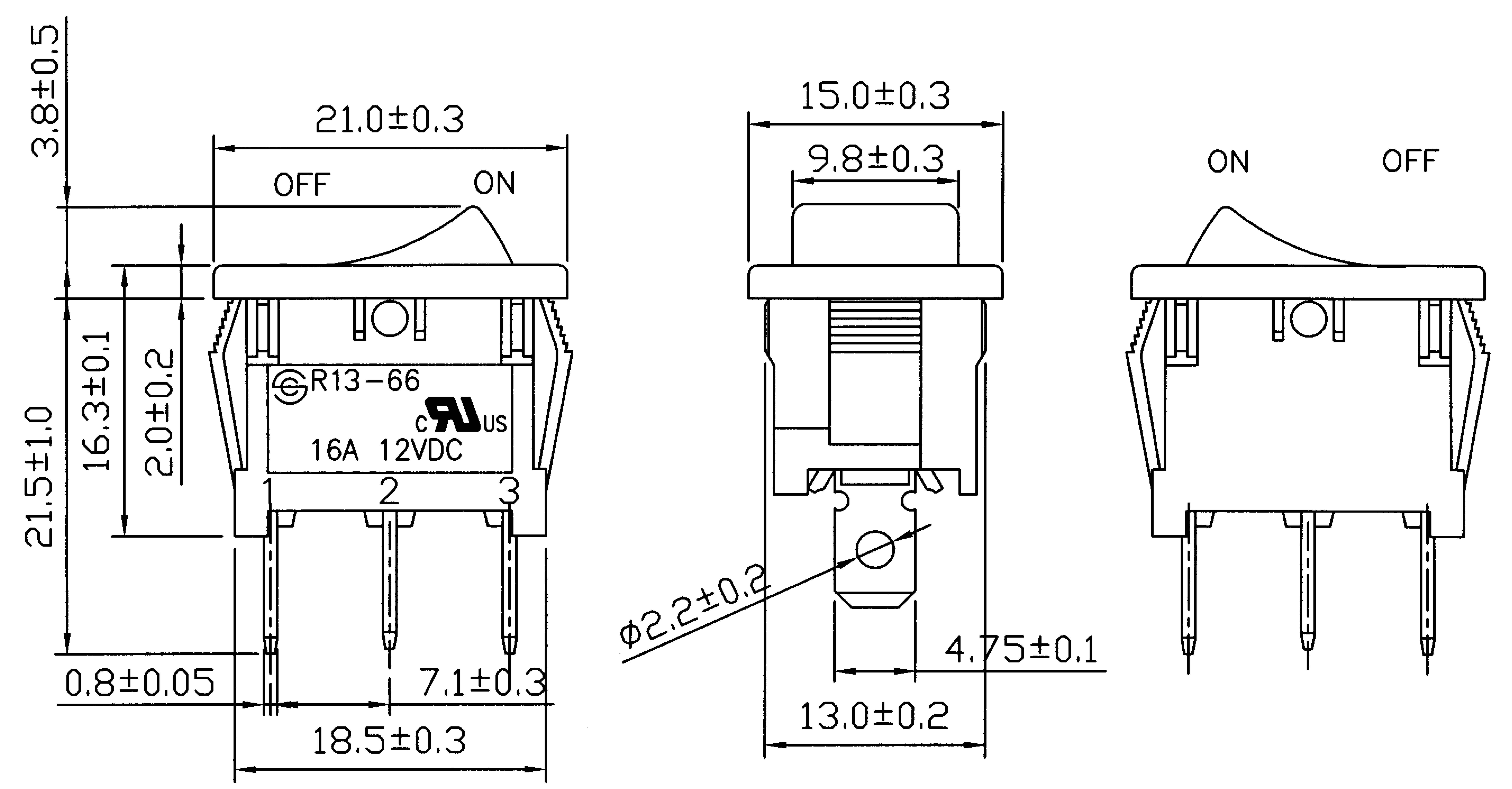 Dessin technique d'un interrupteur : présente les vues de face, de côté et de dessus avec les dimensions en millimètres. Texte : '16A 12VDC'.