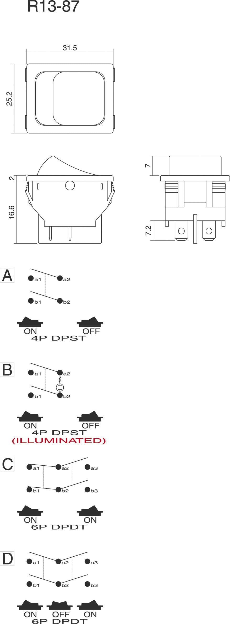 Dessin technique d'interrupteurs à bascule. Vue supérieure montrant les dimensions, vue inférieure présentant quatre types : A, B (illuminé), C et D avec leurs schémas de câblage.