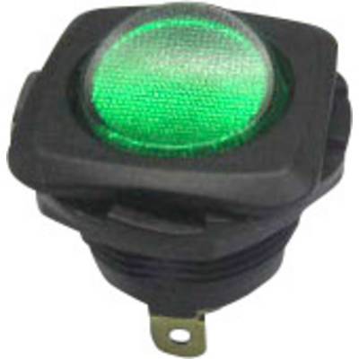 Un interrupteur vert, éclairé, avec un cadre noir. L'interrupteur est adapté pour la commande électronique ou la signalisation.
