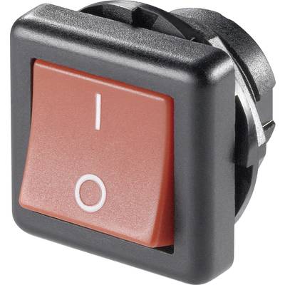 Un interrupteur à bascule rouge avec les symboles 'I' pour Marche et 'O' pour Arrêt ; encadré en noir, utilisé pour commander des appareils électriques.