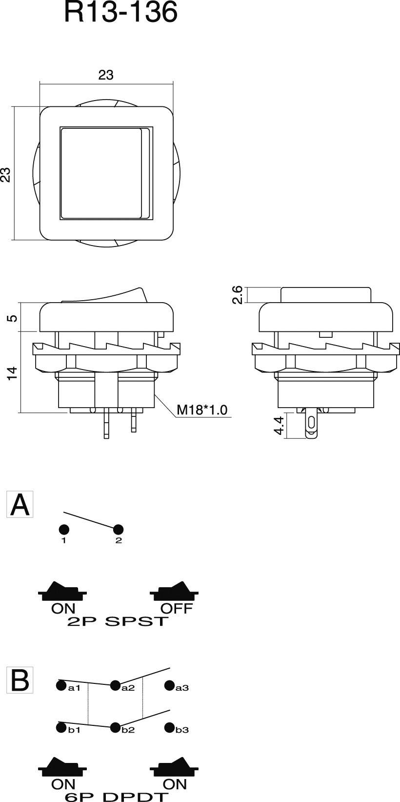 Dessin technique d'un interrupteur R13-136 avec dimensions. Présente une vue latérale et frontale, schémas de câblage pour 2P SPST (A) et SP DPDT (B).