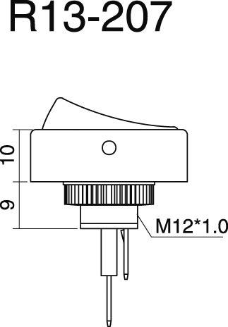 Dessin d'un interrupteur avec l'étiquette 'R13-207'. Dimensions : hauteur 10 mm, largeur 9 mm. Taille du filetage M12*1,0.