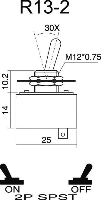Dessin technique d'un interrupteur à bascule R13-2 avec des dimensions et des désignations précises. États de l'interrupteur 'ON' et 'OFF' représentés.