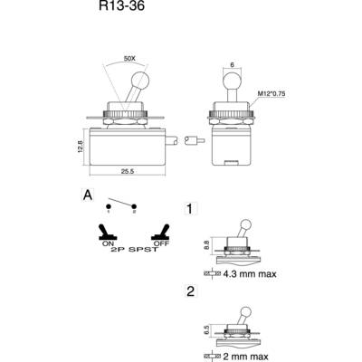 Dessin technique d'un interrupteur à bascule R13-36 avec dimensions : 25,5 mm de largeur, 12,8 mm de hauteur. Marquages pour la position ON/OFF.