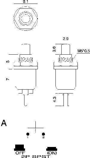 Dessin technique d'un bouton-poussoir bipolaire marche/arrêt avec ses dimensions. En haut : vue de dessus, côté : indications dimensionnelles, en bas : schéma électrique.