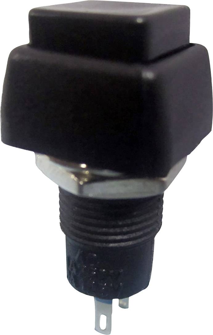 Un interrupteur à bouton noir de forme rectangulaire avec un filetage métallique pour la connexion électrique.