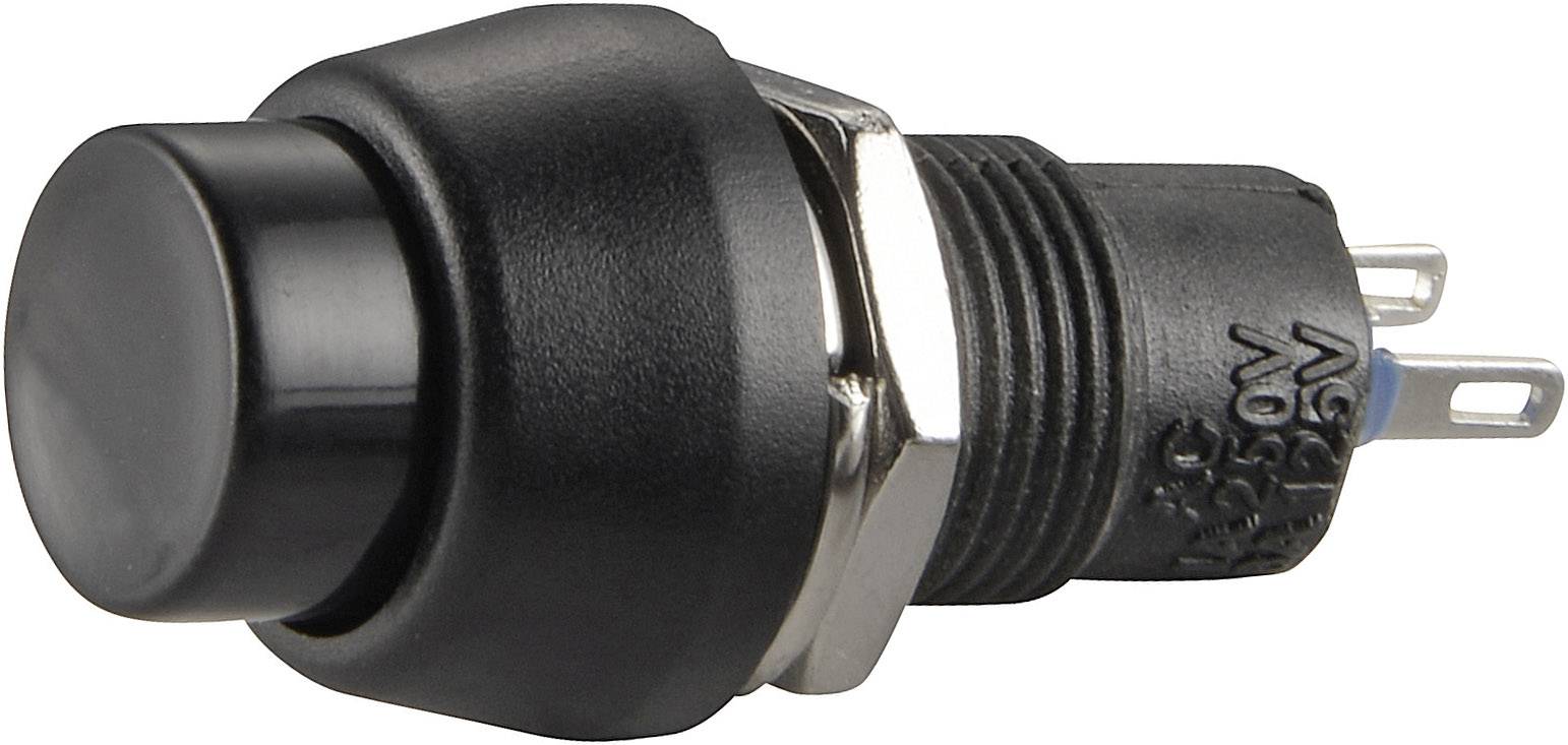 Interrupteur à bouton-poussoir noir en plastique et métal, vu de côté. Trois connexions visibles à l'arrière.