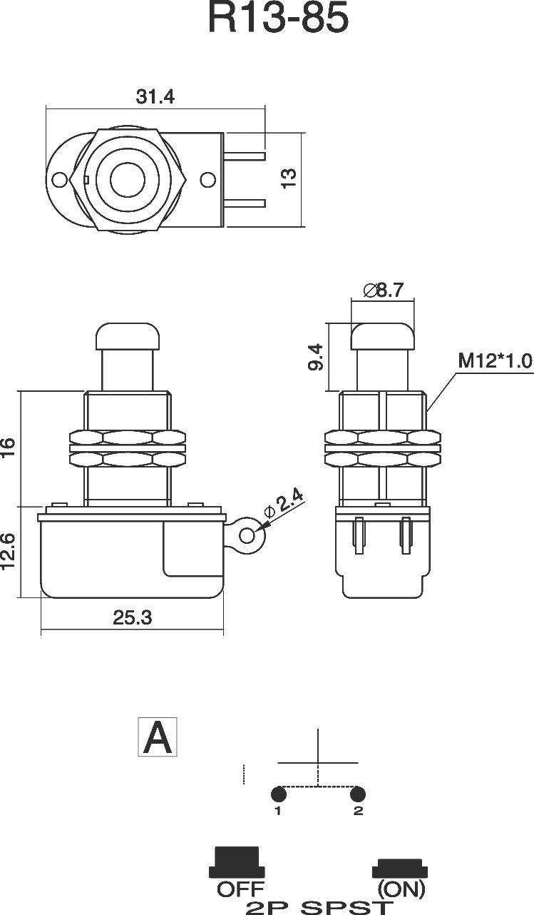 'Dessin d'un interrupteur R13-85 avec dimensions en mm : largeur 31,4, hauteur 25,3, profondeur 13. L'étiquetage indique les positions "OFF" et "ON".'