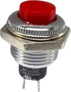 Interrupteur métallique avec bouton-poussoir rouge et deux broches de connexion.