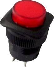Un bouton-poussoir rouge avec un boîtier noir et des broches métalliques, typiquement utilisé pour les circuits électroniques.