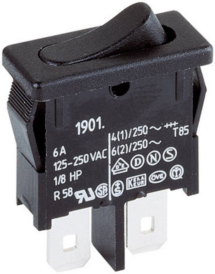 Interrupteur à bascule noir en plastique avec indications de puissance : 6A, 125-250VAC, adapté aux appareils électriques.
