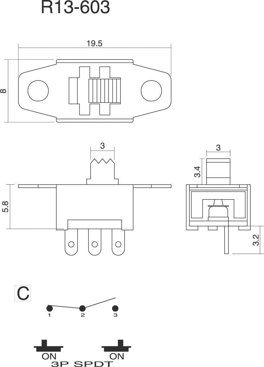 Dessin technique d'un interrupteur R13-603. Dimensions : 19,5 mm de longueur, 8 mm de largeur, 5,8 mm de hauteur. Représentation des positions de l'interrupteur : 3P SPDT avec options de mise en marche et d'arrêt.