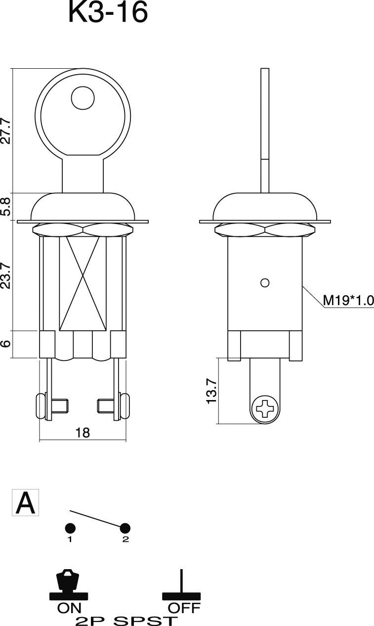 Dessin technique d'un interrupteur K3-16. Présente les vues de face et de côté avec les dimensions et la spécification de filetage M19*1,0.