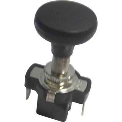 Un bouton-poussoir noir avec une fixation argentée et deux broches de connexion en bas, adapté pour les appareils électroniques et les circuits.