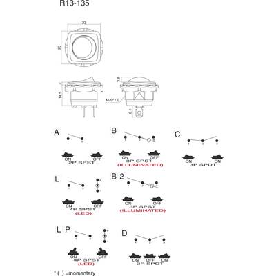 Schéma de circuit avec différents types et positions d'interrupteurs (2P SPST, 3P SPST, 4P SPST). Certains interrupteurs sont équipés de LED.