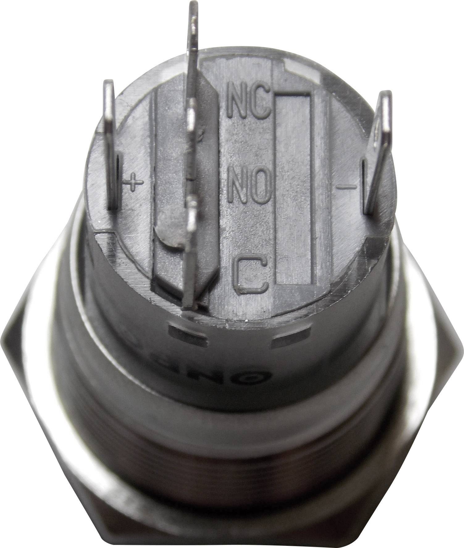 Gros plan d'un composant métallique avec trois bornes de connexion visibles, étiquetées 'NC', 'NO' et 'C'.