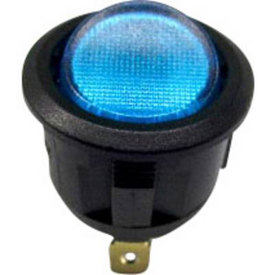 Interrupteur à bascule circulaire avec éclairage bleu et boîtier noir, adapté aux appareils électroniques.