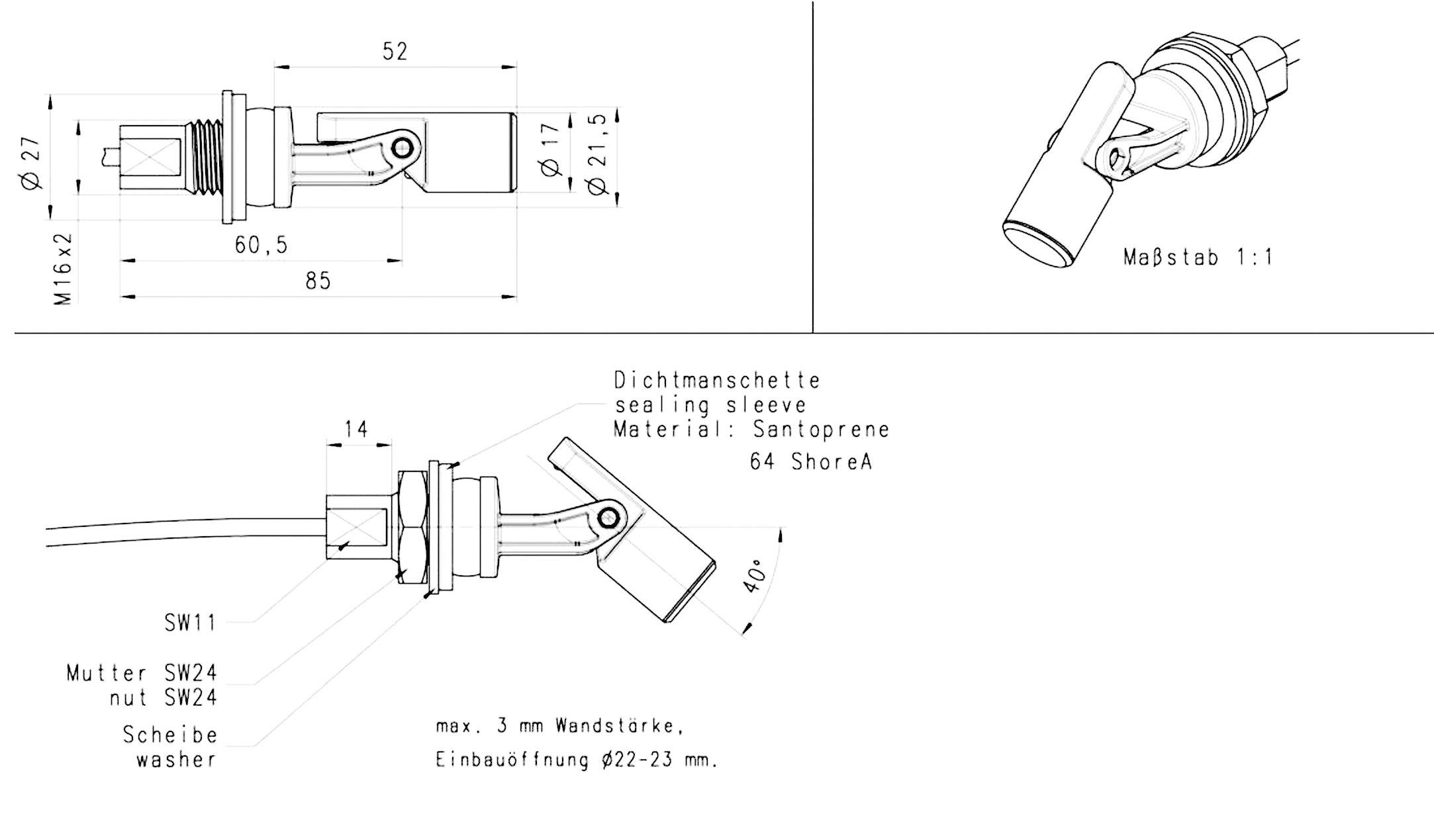 Dessin technique d'un manchon d'étanchéité avec dimensions et matériaux. Comprend une vue d'ensemble et des détails d'installation pour une épaisseur de paroi de 3 mm.