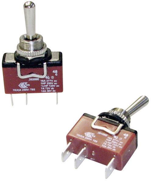 Deux interrupteurs à bascule rouges avec des leviers métalliques et plusieurs broches de connexion. Ils sont conçus pour 250V en courant alternatif et 16A.