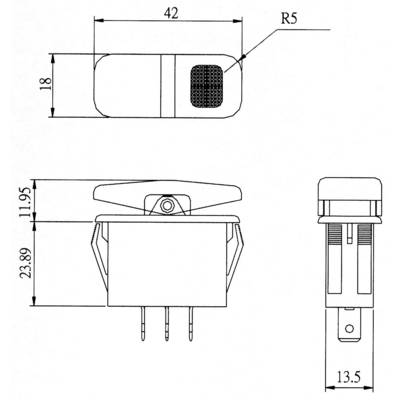 Interrupteur à bascule électrique : dessin technique détaillé avec dimensions 42 mm x 23,89 mm, courbe R-5, présentant les vues de face, de côté et de dessus avec broches de connexion.